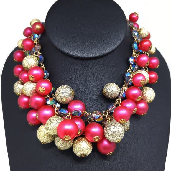 Vintage AB Crystals Red & Gold Beaded Necklace, Three Strands, 1960s - Picture 2 of 10